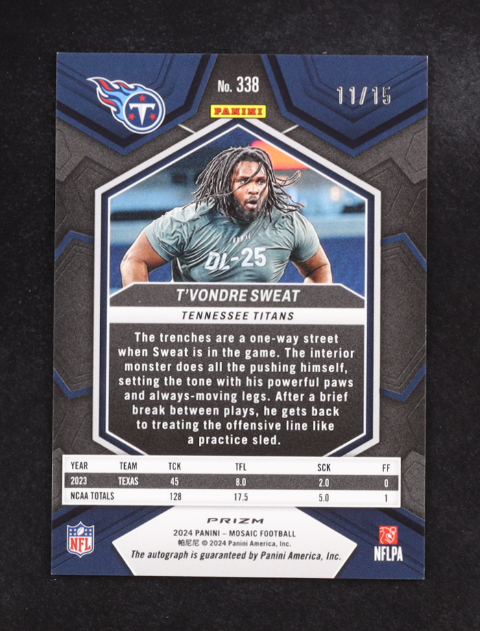 T'Vondre Sweat 2024 Panini Mosaic Rookie Autographs Mosaic Green Swirl #338 #11/15 RC at PristineAuction.com T'Vondre Sweat 2024 Panini Mosaic Rookie Autographs Mosaic Green Swirl #338 #11/15 RC at PristineAuction.com