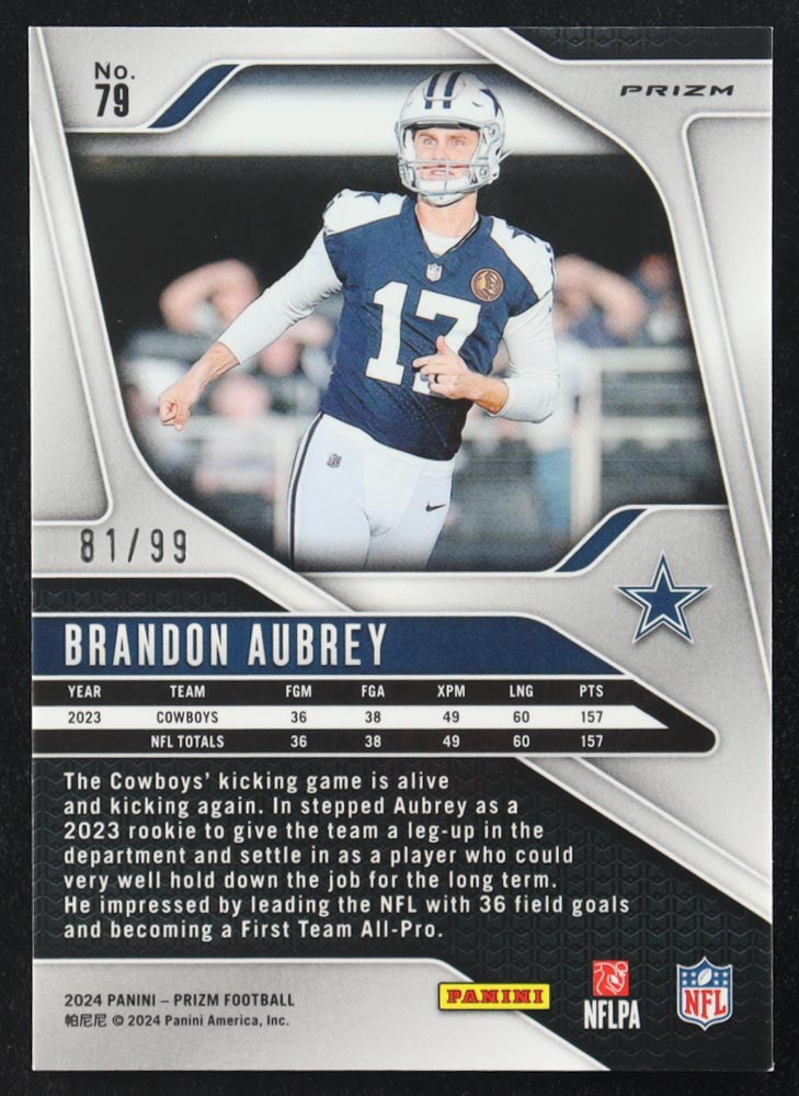 Brandon Aubrey 2024 Panini Prizm Prizms No Huddle Blue #79 #81/99 at PristineAuction.com Brandon Aubrey 2024 Panini Prizm Prizms No Huddle Blue #79 #81/99 at PristineAuction.com