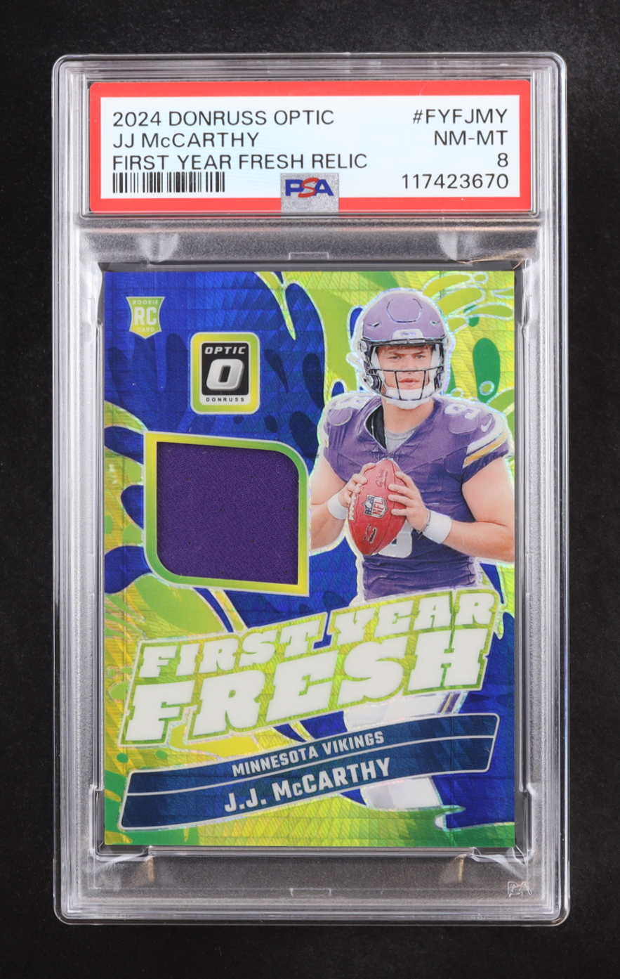 JJ McCarthy 2024 Donruss Optic First Year Fresh Relic #FYF-JMY RC (PSA 8) at PristineAuction.com JJ McCarthy 2024 Donruss Optic First Year Fresh Relic #FYF-JMY RC (PSA 8) at PristineAuction.com