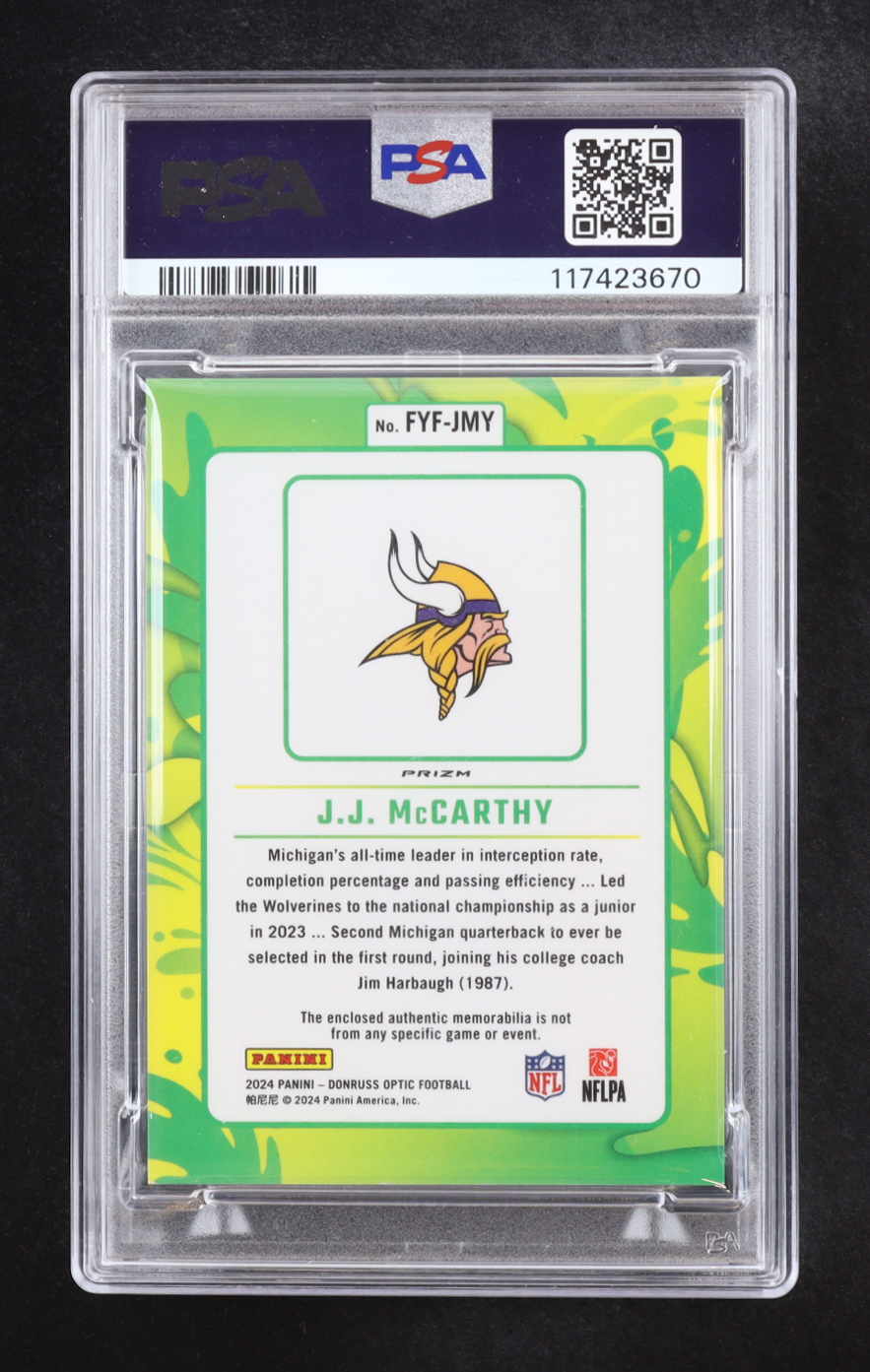 JJ McCarthy 2024 Donruss Optic First Year Fresh Relic #FYF-JMY RC (PSA 8) at PristineAuction.com JJ McCarthy 2024 Donruss Optic First Year Fresh Relic #FYF-JMY RC (PSA 8) at PristineAuction.com