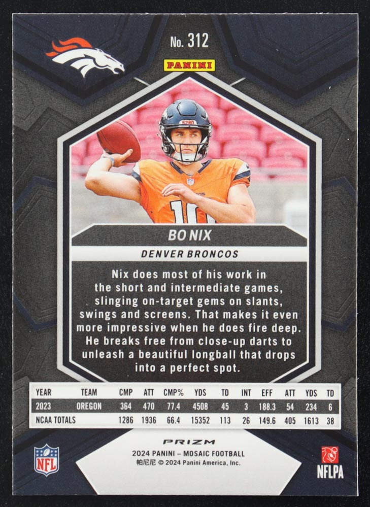 Bo Nix 2024 Mosaic Mosaic #312 RC at PristineAuction.com Bo Nix 2024 Mosaic Mosaic #312 RC at PristineAuction.com