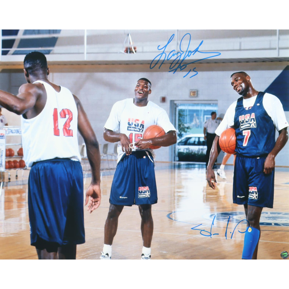 Shawn Kemp & Larry Johnson Signed Team USA 16x20 Photo (AWM) at PristineAuction.com