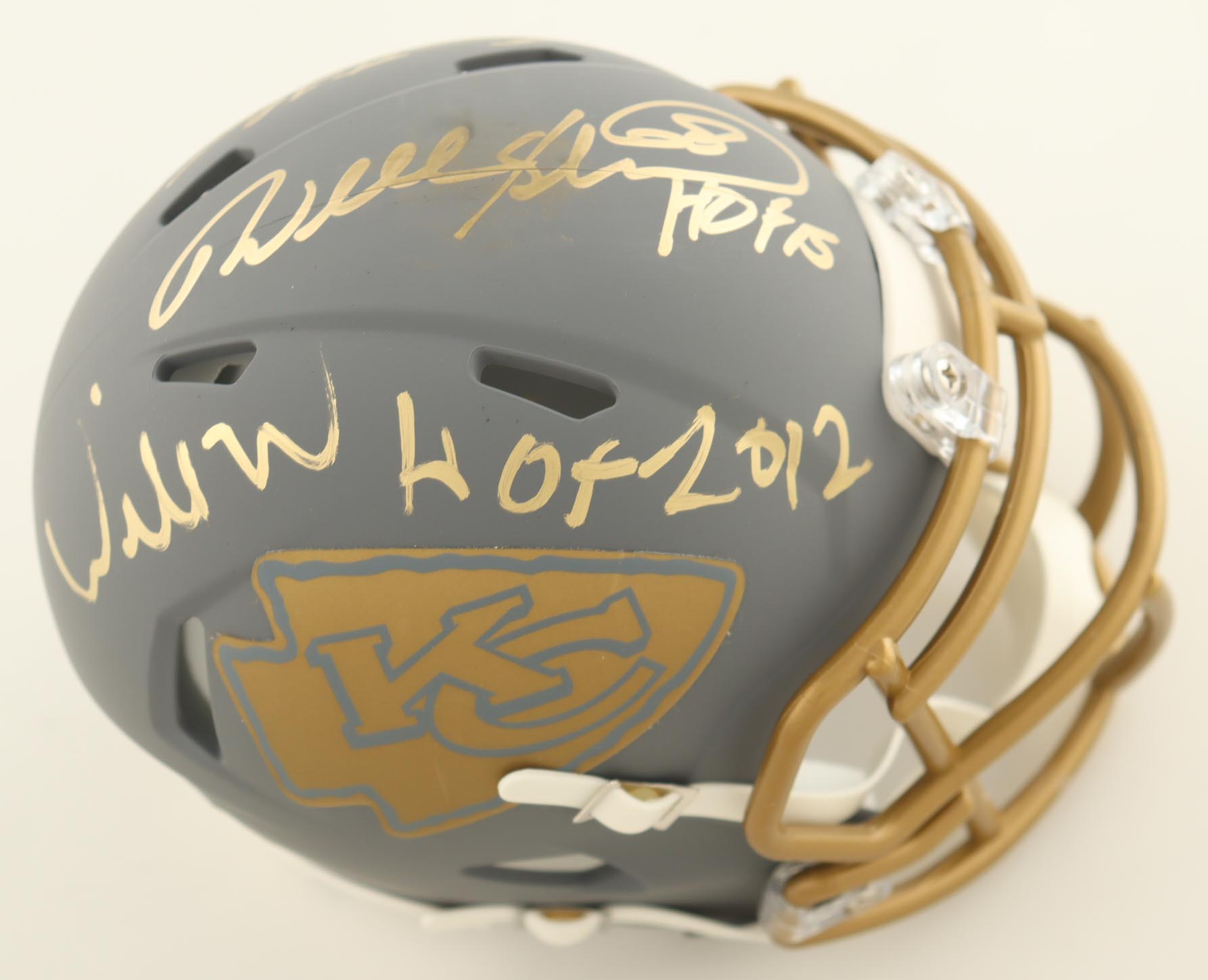 Willie Roaf, Will Shields & Emmitt Thomas Signed Chiefs Slate Alternate Speed Mini Helmet Inscribed "HOF 2012", "HOF 15" & "HOF 08" (JSA) at PristineAuction.com Willie Roaf, Will Shields & Emmitt Thomas Signed Chiefs Slate Alternate Speed Mini Helmet Inscribed "HOF 2012", "HOF 15" & "HOF 08" (JSA) at PristineAuction.com