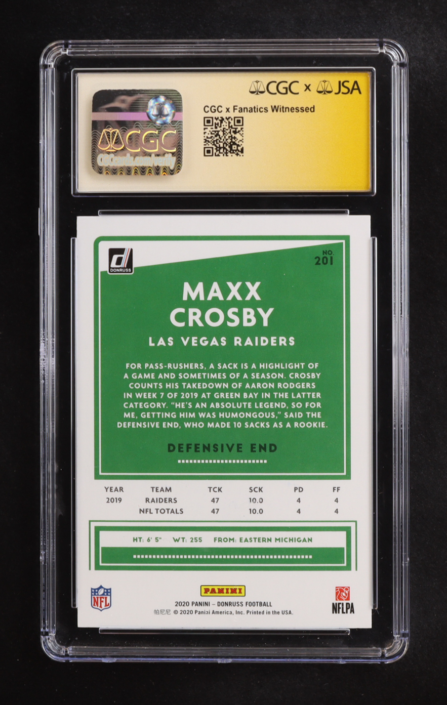 Maxx Crosby Signed 2020 Donruss Press Proof Blue #201 (CGC 9 | Autograph Graded CGC 10) at PristineAuction.com Maxx Crosby Signed 2020 Donruss Press Proof Blue #201 (CGC 9 | Autograph Graded CGC 10) at PristineAuction.com