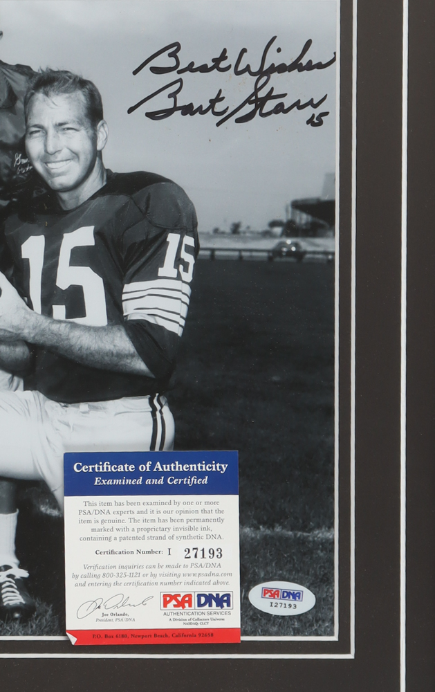 Bart Starr Signed Packers Custom Framed Photo Display Inscribed "Best Wishes" (PSA) at PristineAuction.com Bart Starr Signed Packers Custom Framed Photo Display Inscribed "Best Wishes" (PSA) at PristineAuction.com