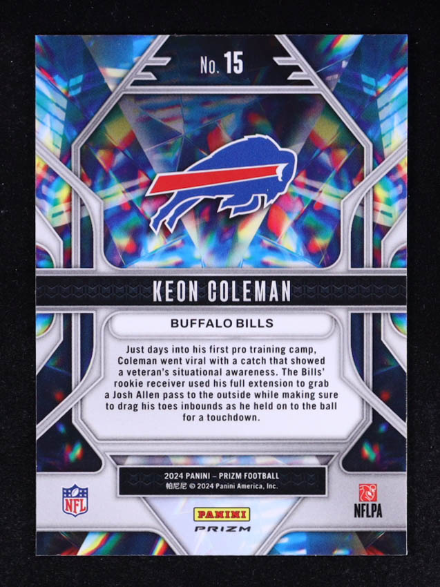Keon Coleman 2024 Panini Prizm Prizmatic Prizms Green Ice #15 RC at PristineAuction.com Keon Coleman 2024 Panini Prizm Prizmatic Prizms Green Ice #15 RC at PristineAuction.com
