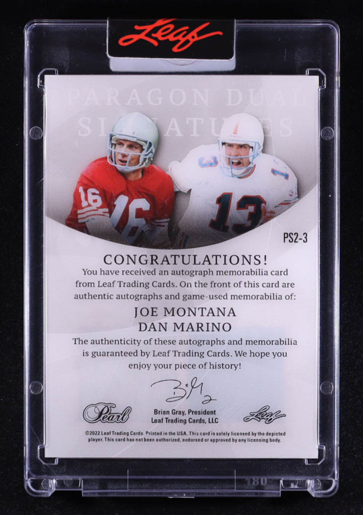 Joe Montana / Dan Marino 2021-22 Leaf Pearl Paragon Signatures 2 Silver #PS23 #8/8 at PristineAuction.com Joe Montana / Dan Marino 2021-22 Leaf Pearl Paragon Signatures 2 Silver #PS23 #8/8 at PristineAuction.com
