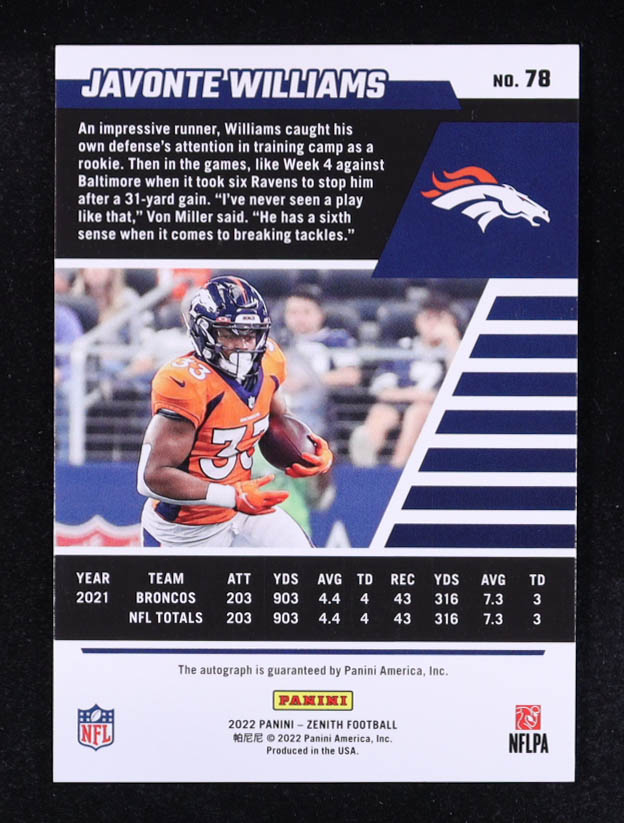 Javonte Williams 2022 Zenith Autographs Artist Proof Emerald #78 #1/5 at PristineAuction.com Javonte Williams 2022 Zenith Autographs Artist Proof Emerald #78 #1/5 at PristineAuction.com