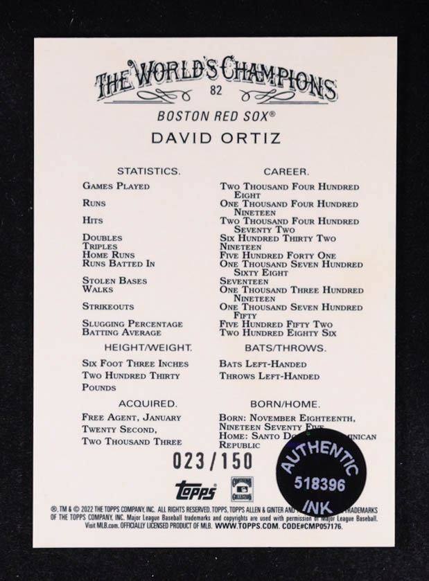 David Ortiz Signed 2022 Topps Allen and Ginter Chrome Blue Refractors #82 #23/150 (Authentic Ink) at PristineAuction.com David Ortiz Signed 2022 Topps Allen and Ginter Chrome Blue Refractors #82 #23/150 (Authentic Ink) at PristineAuction.com