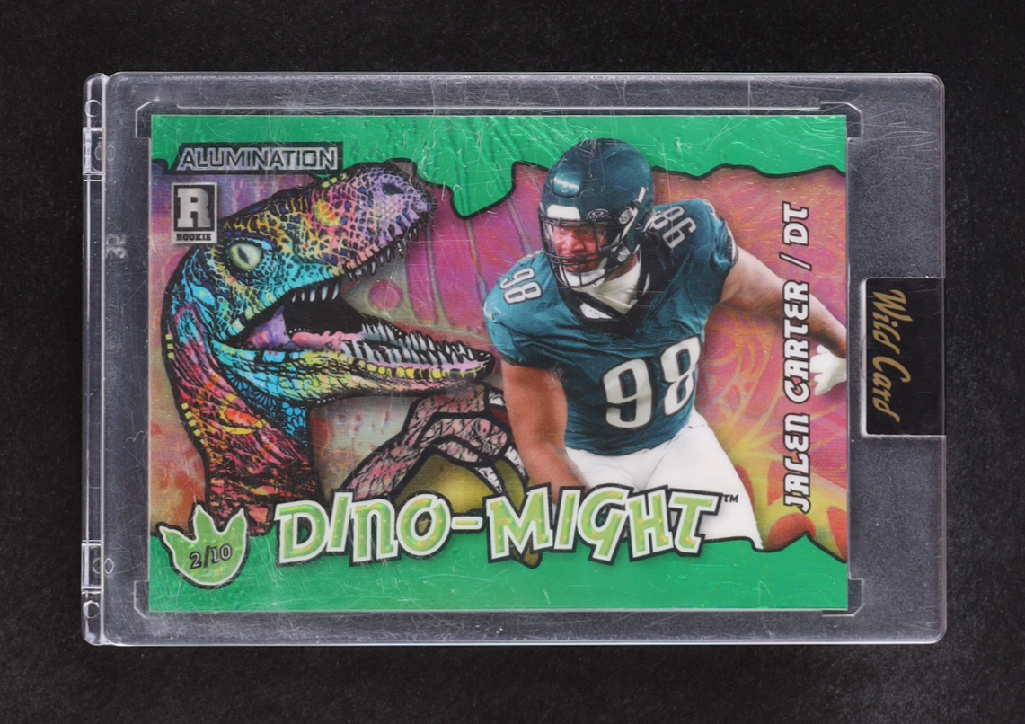 Jalen Carter 2023 Wild Card Alumination DinoMight Green Rainbow Raptor #ADJC #2/10 RC at PristineAuction.com Jalen Carter 2023 Wild Card Alumination DinoMight Green Rainbow Raptor #ADJC #2/10 RC at PristineAuction.com