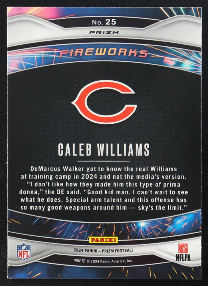 Caleb Williams 2024 Panini Prizm Fireworks Silver #25 RC at PristineAuction.com Caleb Williams 2024 Panini Prizm Fireworks Silver #25 RC at PristineAuction.com