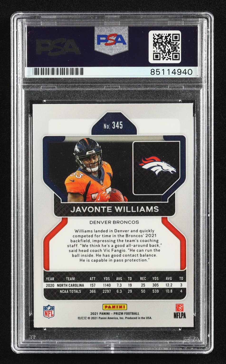 Javonte Williams Signed 2021 Panini Prizm #345 RC (PSA) at PristineAuction.com Javonte Williams Signed 2021 Panini Prizm #345 RC (PSA) at PristineAuction.com