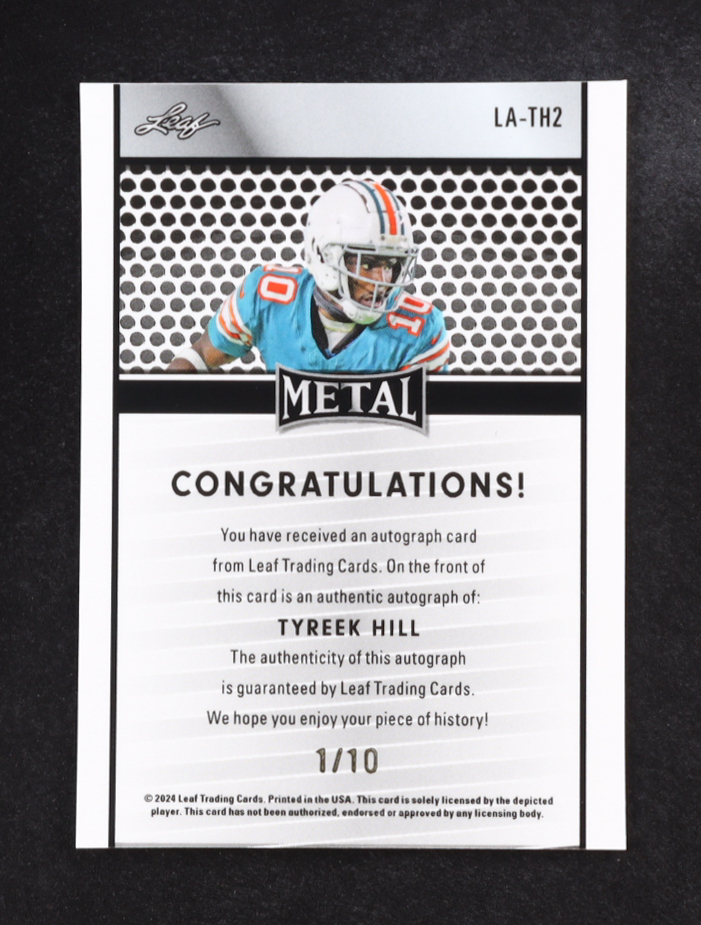 Tyreek Hill 2024 Leaf Metal Collective Leaf Autographs Orange Shimmer #LATH2 #1/10 at PristineAuction.com Tyreek Hill 2024 Leaf Metal Collective Leaf Autographs Orange Shimmer #LATH2 #1/10 at PristineAuction.com