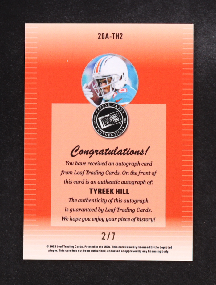 Tyreek Hill 2024 Leaf Metal Collective Press Pass '00 Autographs Green Shimmer #20ATH2 #2/7 at PristineAuction.com Tyreek Hill 2024 Leaf Metal Collective Press Pass '00 Autographs Green Shimmer #20ATH2 #2/7 at PristineAuction.com
