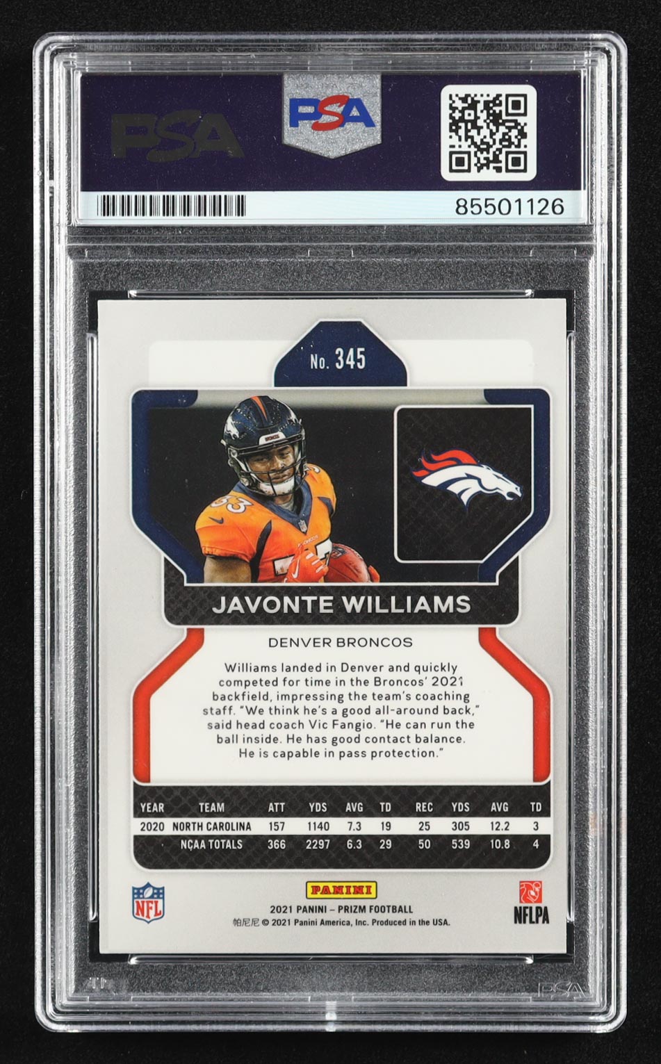 Javonte Williams Signed 2021 Panini Prizm #345 RC (PSA) at PristineAuction.com Javonte Williams Signed 2021 Panini Prizm #345 RC (PSA) at PristineAuction.com