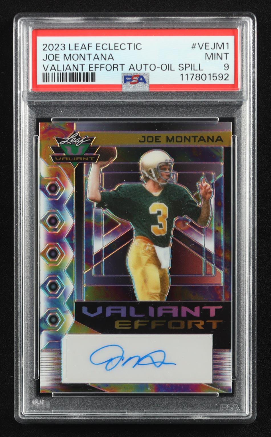Joe Montana 2023 Leaf Eclectic Valiant Effort Autographs Prismatic Oil Spill #VEJM1 #1/2 (PSA 9) at PristineAuction.com Joe Montana 2023 Leaf Eclectic Valiant Effort Autographs Prismatic Oil Spill #VEJM1 #1/2 (PSA 9) at PristineAuction.com