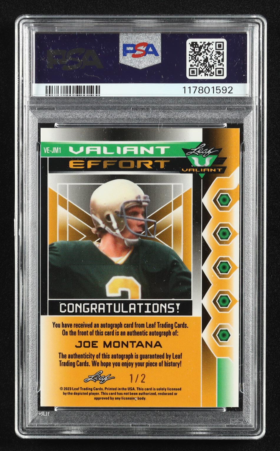 Joe Montana 2023 Leaf Eclectic Valiant Effort Autographs Prismatic Oil Spill #VEJM1 #1/2 (PSA 9) at PristineAuction.com Joe Montana 2023 Leaf Eclectic Valiant Effort Autographs Prismatic Oil Spill #VEJM1 #1/2 (PSA 9) at PristineAuction.com