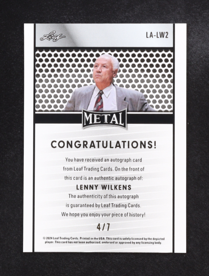 Lenny Wilkens 2024 Leaf Metal Collective Autographs Purple Shimmer #LALW2 #4/7 at PristineAuction.com Lenny Wilkens 2024 Leaf Metal Collective Autographs Purple Shimmer #LALW2 #4/7 at PristineAuction.com