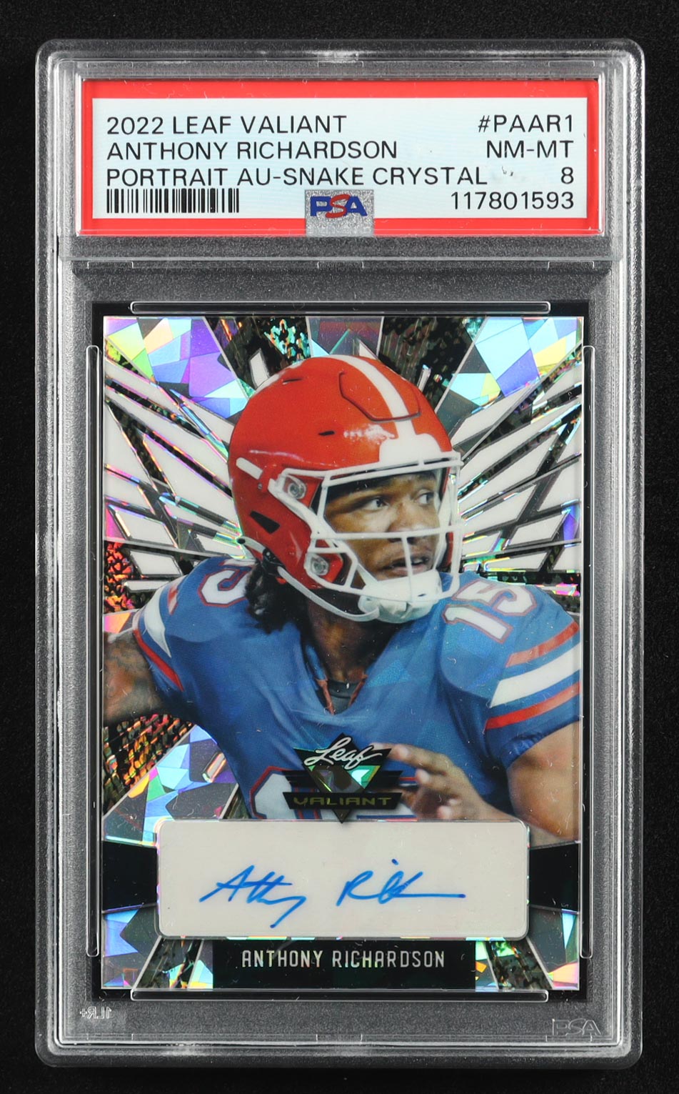 Anthony Richardson 2022 Leaf Valiant Portrait Autographs Crystal Snakeskin #PAAR1 #3/3 RC (PSA 8) at PristineAuction.com Anthony Richardson 2022 Leaf Valiant Portrait Autographs Crystal Snakeskin #PAAR1 #3/3 RC (PSA 8) at PristineAuction.com