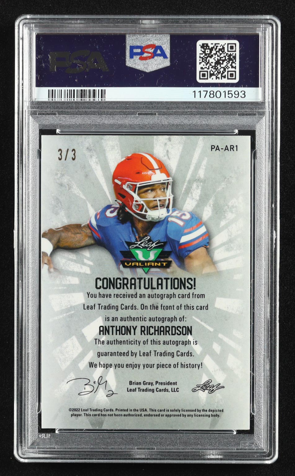 Anthony Richardson 2022 Leaf Valiant Portrait Autographs Crystal Snakeskin #PAAR1 #3/3 RC (PSA 8) at PristineAuction.com Anthony Richardson 2022 Leaf Valiant Portrait Autographs Crystal Snakeskin #PAAR1 #3/3 RC (PSA 8) at PristineAuction.com