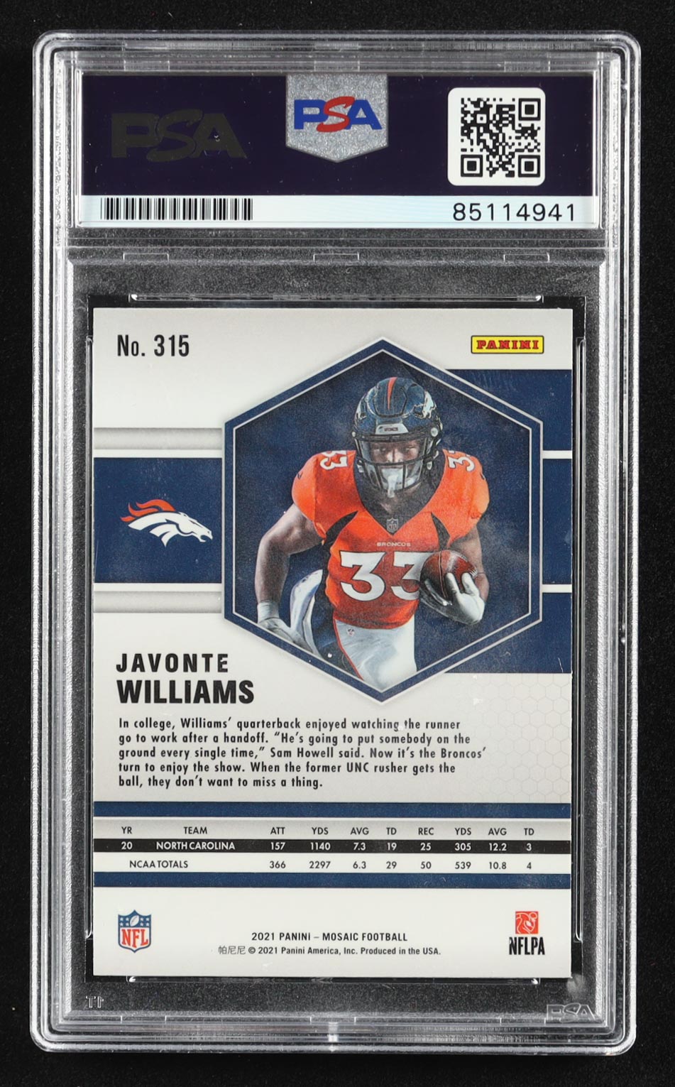 Javonte Williams 2021 Panini Mosaic #315 RC (PSA) at PristineAuction.com Javonte Williams 2021 Panini Mosaic #315 RC (PSA) at PristineAuction.com