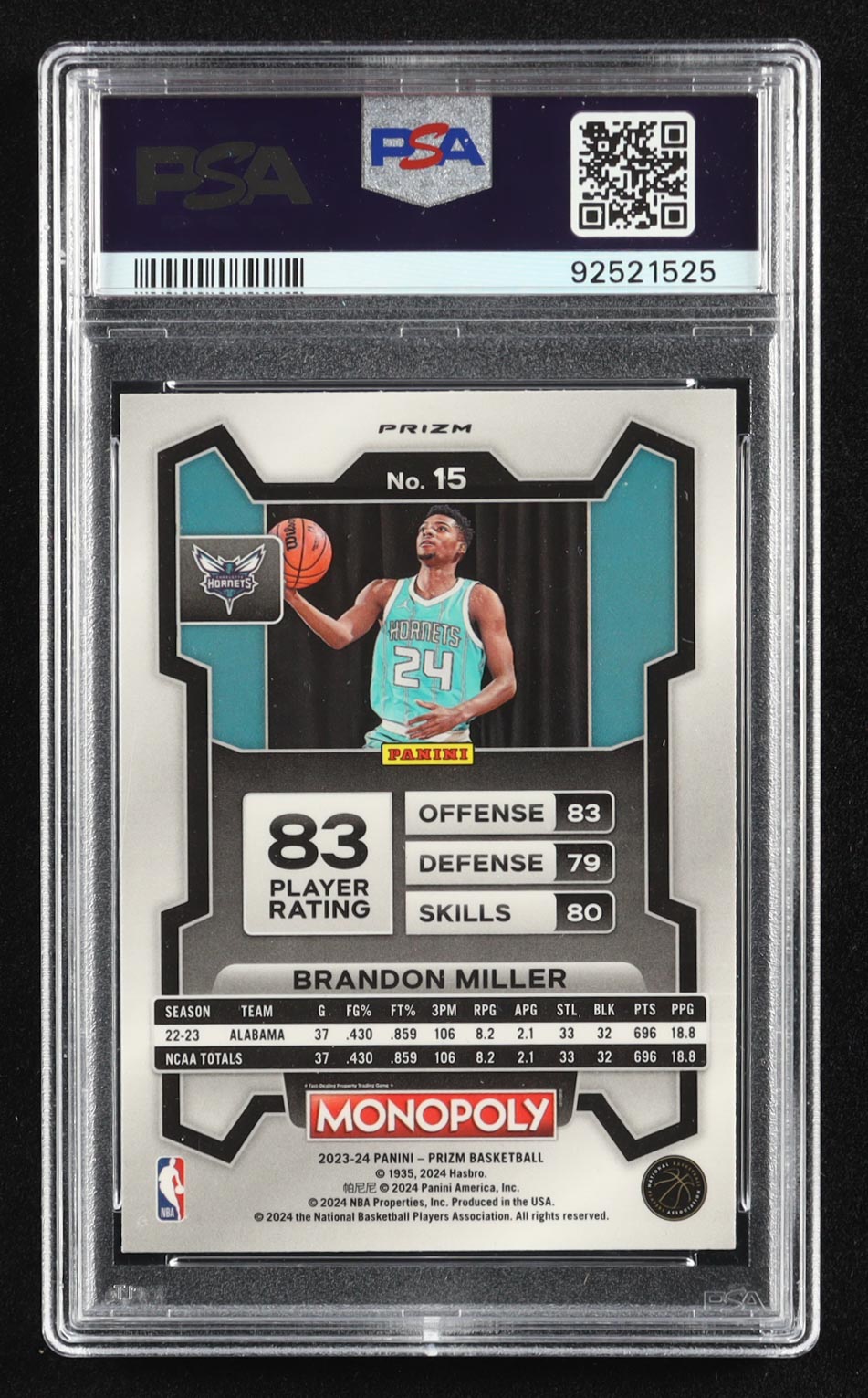 Brandon Miller 2023-24 Panini Prizm Monopoly Purple #15 RC (PSA 9) at PristineAuction.com Brandon Miller 2023-24 Panini Prizm Monopoly Purple #15 RC (PSA 9) at PristineAuction.com