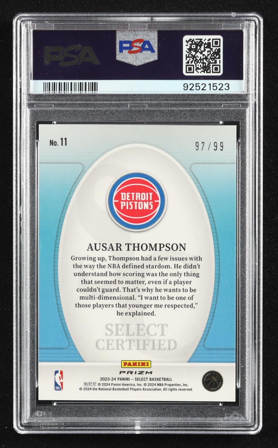 Ausar Thompson 2023-24 Select Select Certified Red Flash Prizms #11 #97/99 RC (PSA 10) at PristineAuction.com Ausar Thompson 2023-24 Select Select Certified Red Flash Prizms #11 #97/99 RC (PSA 10) at PristineAuction.com