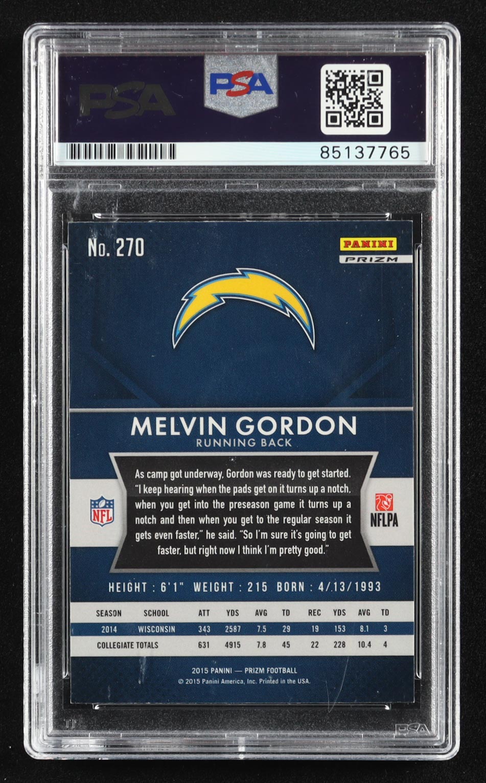 Melvin Gordon Signed 2015 Panini Prizm Prizms #270A RC (PSA) at PristineAuction.com Melvin Gordon Signed 2015 Panini Prizm Prizms #270A RC (PSA) at PristineAuction.com