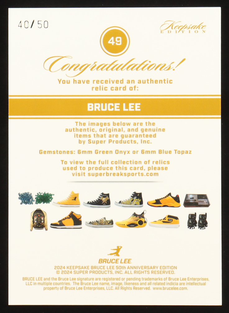 Bruce Lee 2024 Keepsake Edition Authentic Green Onyx Gem Relics #49 #40/50 at PristineAuction.com Bruce Lee 2024 Keepsake Edition Authentic Green Onyx Gem Relics #49 #40/50 at PristineAuction.com