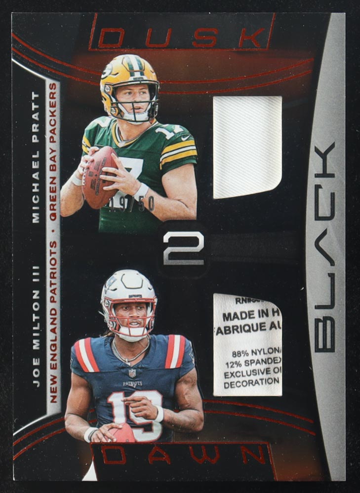 Joe Milton III / Michael Pratt 2024 Panini Black Dusk 2 Dawn Jerseys Citrine #10 #19/50 at PristineAuction.com Joe Milton III / Michael Pratt 2024 Panini Black Dusk 2 Dawn Jerseys Citrine #10 #19/50 at PristineAuction.com