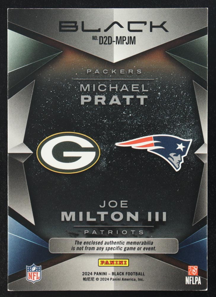 Joe Milton III / Michael Pratt 2024 Panini Black Dusk 2 Dawn Jerseys Citrine #10 #19/50 at PristineAuction.com Joe Milton III / Michael Pratt 2024 Panini Black Dusk 2 Dawn Jerseys Citrine #10 #19/50 at PristineAuction.com