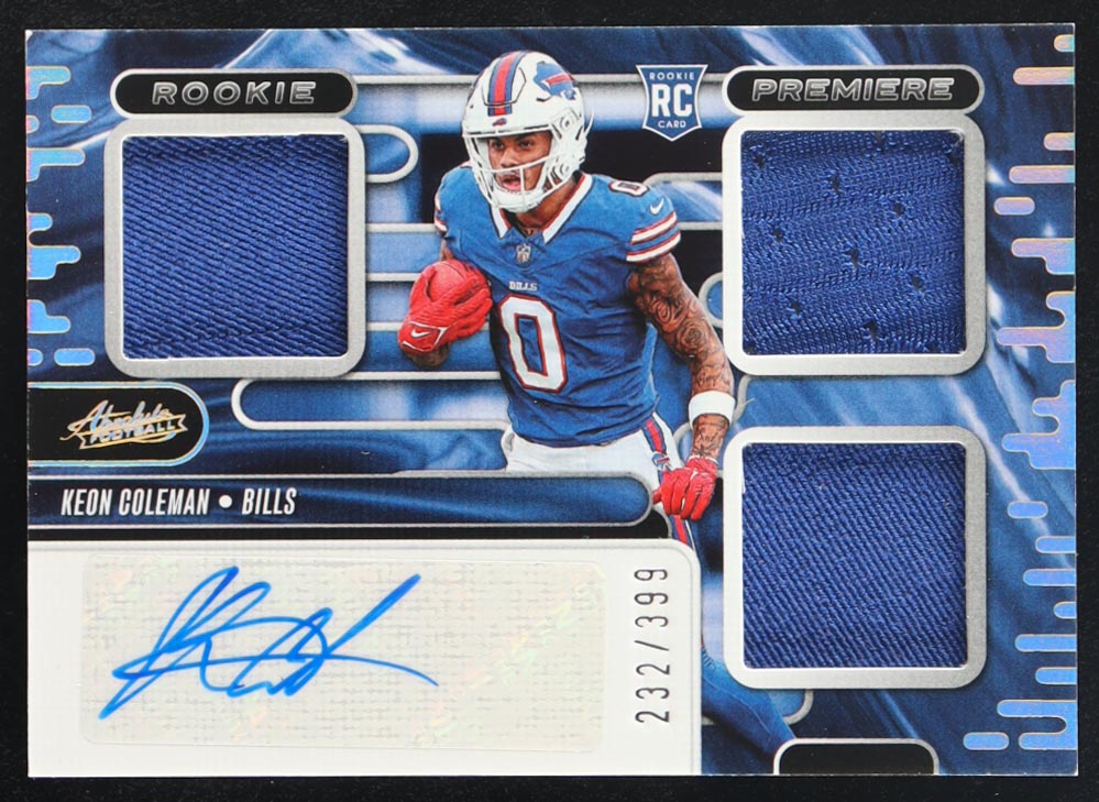 Keon Coleman 2024 Absolute Rookie Premiere Materials Autographs #RPMKCN RC #232/399 at PristineAuction.com Keon Coleman 2024 Absolute Rookie Premiere Materials Autographs #RPMKCN RC #232/399 at PristineAuction.com