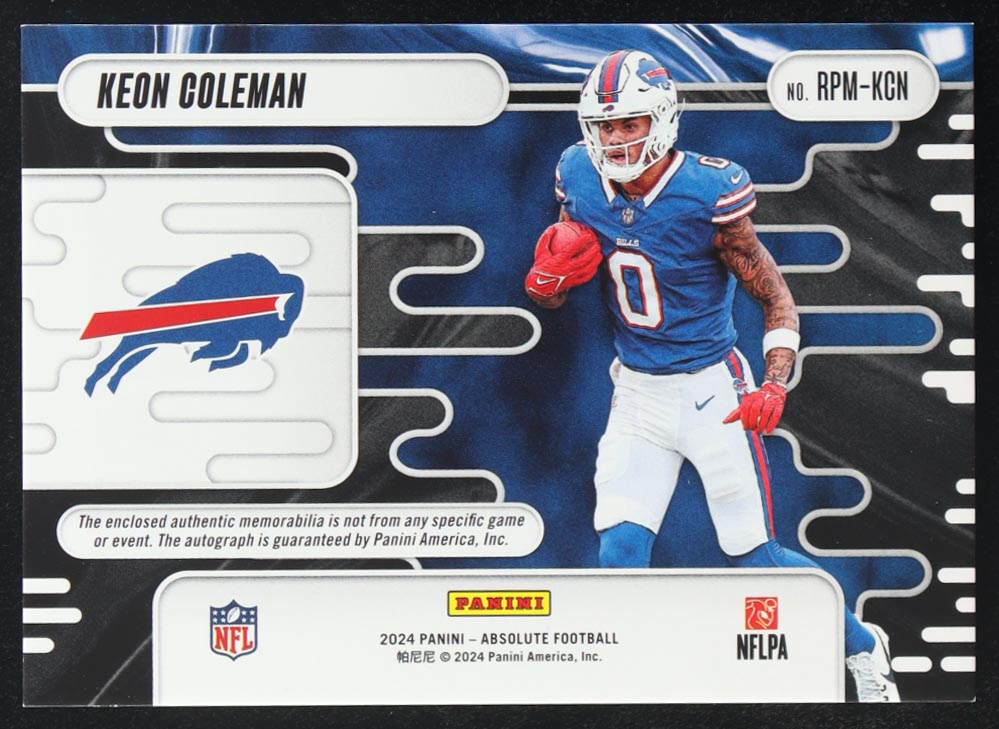 Keon Coleman 2024 Absolute Rookie Premiere Materials Autographs #RPMKCN RC #232/399 at PristineAuction.com Keon Coleman 2024 Absolute Rookie Premiere Materials Autographs #RPMKCN RC #232/399 at PristineAuction.com