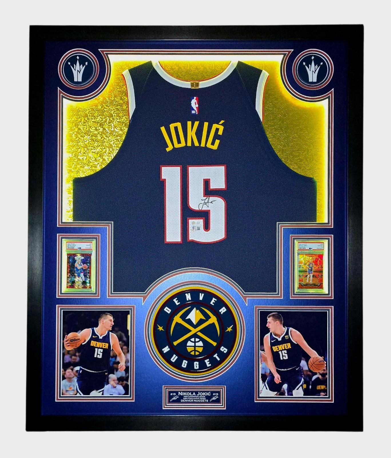Nikola Jokic Signed Nuggets Custom Framed LED Jersey Display with (2) PSA 10 Cards (Beckett) at PristineAuction.com Nikola Jokic Signed Nuggets Custom Framed LED Jersey Display with (2) PSA 10 Cards (Beckett) at PristineAuction.com