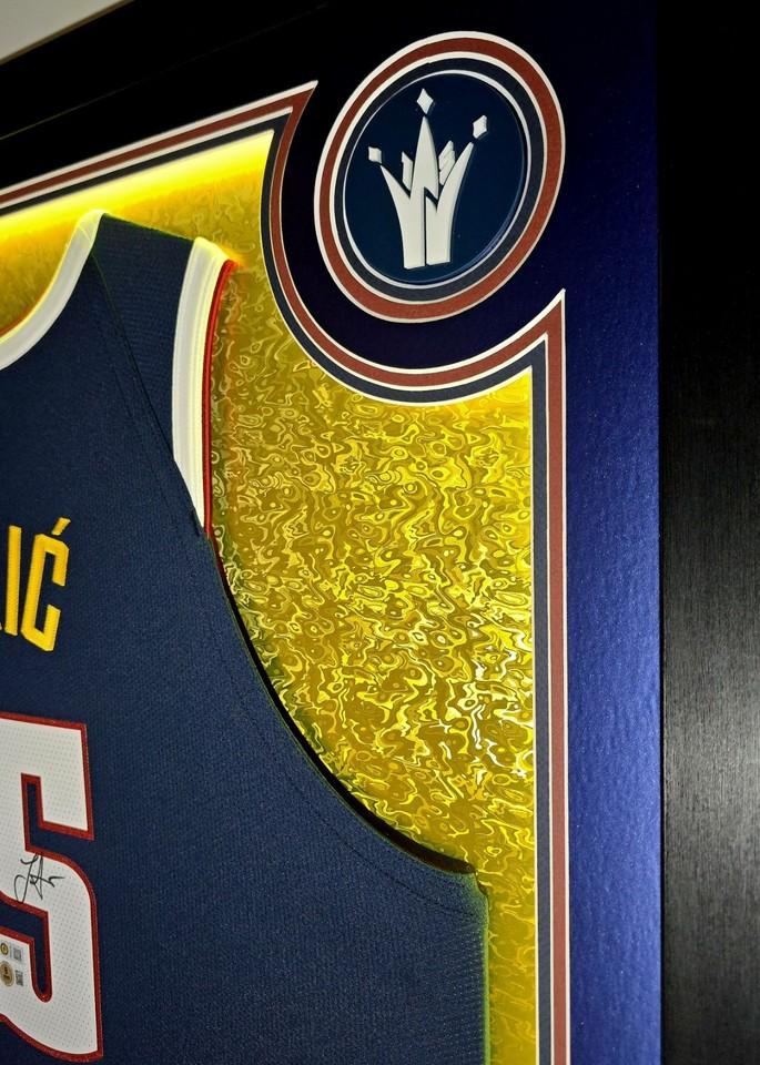 Nikola Jokic Signed Nuggets Custom Framed LED Jersey Display with (2) PSA 10 Cards (Beckett) at PristineAuction.com Nikola Jokic Signed Nuggets Custom Framed LED Jersey Display with (2) PSA 10 Cards (Beckett) at PristineAuction.com