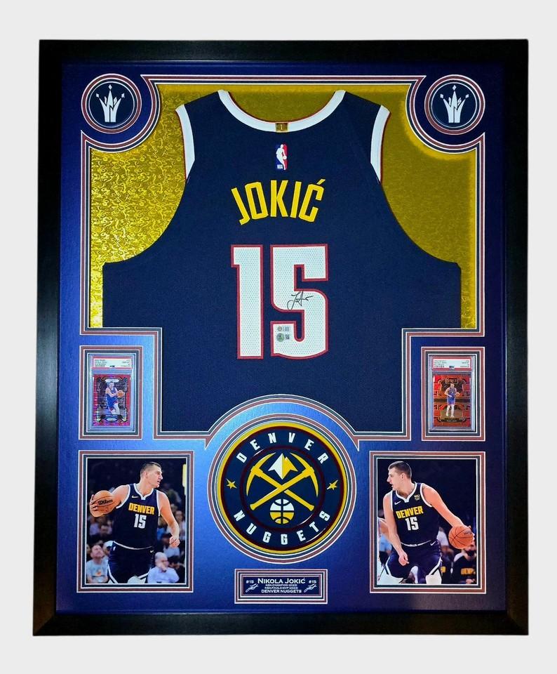 Nikola Jokic Signed Nuggets Custom Framed LED Jersey Display with (2) PSA 10 Cards (Beckett) at PristineAuction.com Nikola Jokic Signed Nuggets Custom Framed LED Jersey Display with (2) PSA 10 Cards (Beckett) at PristineAuction.com