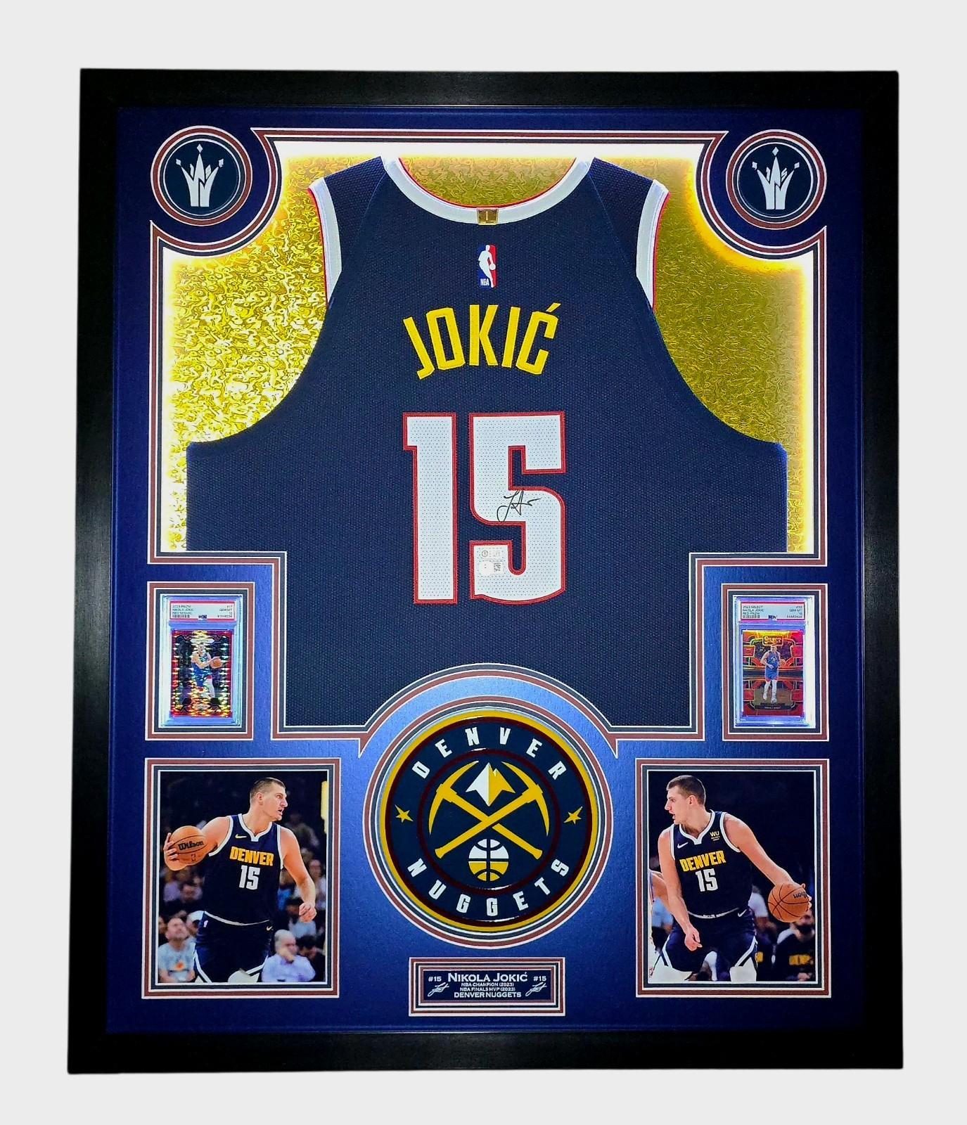 Nikola Jokic Signed Nuggets Custom Framed LED Jersey Display with (2) PSA 10 Cards (Beckett) at PristineAuction.com Nikola Jokic Signed Nuggets Custom Framed LED Jersey Display with (2) PSA 10 Cards (Beckett) at PristineAuction.com