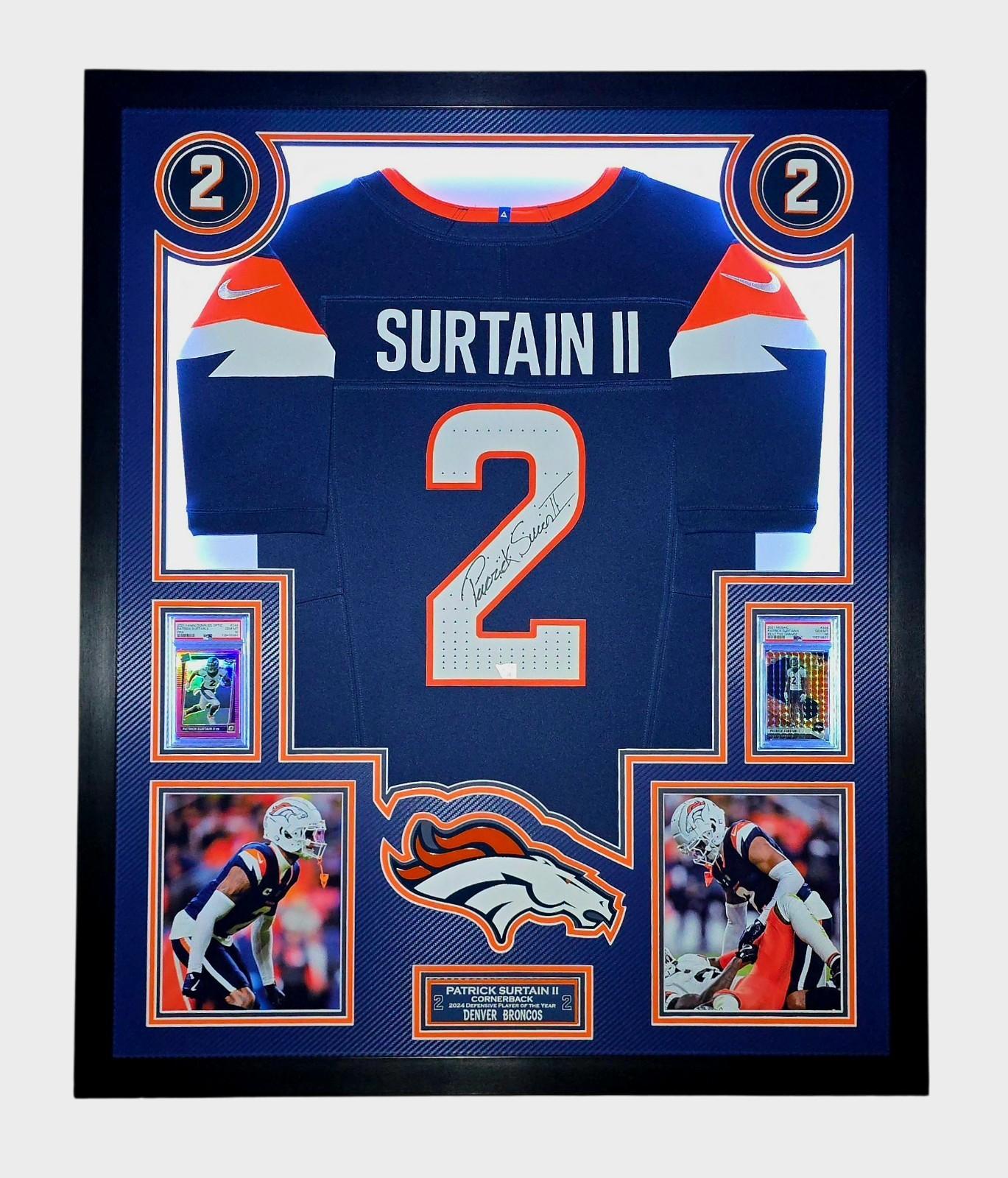 Patrick Surtain II Signed Broncos Custom Framed LED Nike FUSE Jersey Display with (2) PSA 10 Rookie Cards (Fanatics) at PristineAuction.com Patrick Surtain II Signed Broncos Custom Framed LED Nike FUSE Jersey Display with (2) PSA 10 Rookie Cards (Fanatics) at PristineAuction.com