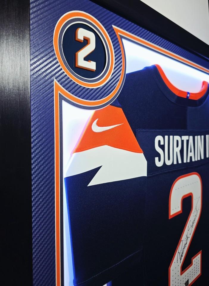 Patrick Surtain II Signed Broncos Custom Framed LED Nike FUSE Jersey Display with (2) PSA 10 Rookie Cards (Fanatics) at PristineAuction.com Patrick Surtain II Signed Broncos Custom Framed LED Nike FUSE Jersey Display with (2) PSA 10 Rookie Cards (Fanatics) at PristineAuction.com