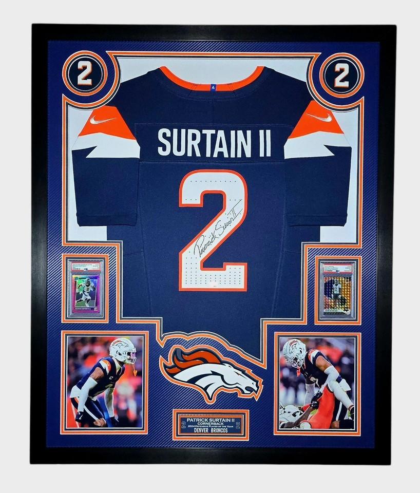 Patrick Surtain II Signed Broncos Custom Framed LED Nike FUSE Jersey Display with (2) PSA 10 Rookie Cards (Fanatics) at PristineAuction.com Patrick Surtain II Signed Broncos Custom Framed LED Nike FUSE Jersey Display with (2) PSA 10 Rookie Cards (Fanatics) at PristineAuction.com