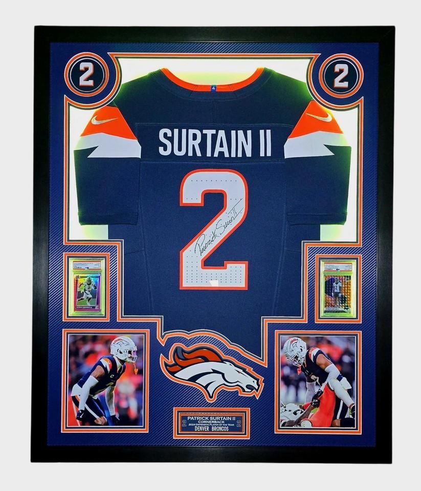Patrick Surtain II Signed Broncos Custom Framed LED Nike FUSE Jersey Display with (2) PSA 10 Rookie Cards (Fanatics) at PristineAuction.com Patrick Surtain II Signed Broncos Custom Framed LED Nike FUSE Jersey Display with (2) PSA 10 Rookie Cards (Fanatics) at PristineAuction.com