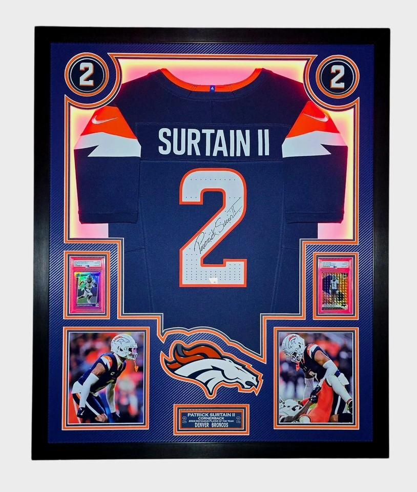 Patrick Surtain II Signed Broncos Custom Framed LED Nike FUSE Jersey Display with (2) PSA 10 Rookie Cards (Fanatics) at PristineAuction.com Patrick Surtain II Signed Broncos Custom Framed LED Nike FUSE Jersey Display with (2) PSA 10 Rookie Cards (Fanatics) at PristineAuction.com