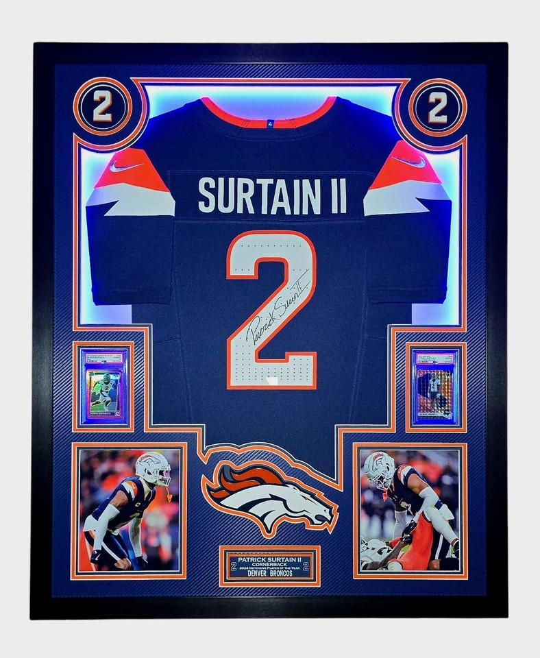 Patrick Surtain II Signed Broncos Custom Framed LED Nike FUSE Jersey Display with (2) PSA 10 Rookie Cards (Fanatics) at PristineAuction.com Patrick Surtain II Signed Broncos Custom Framed LED Nike FUSE Jersey Display with (2) PSA 10 Rookie Cards (Fanatics) at PristineAuction.com