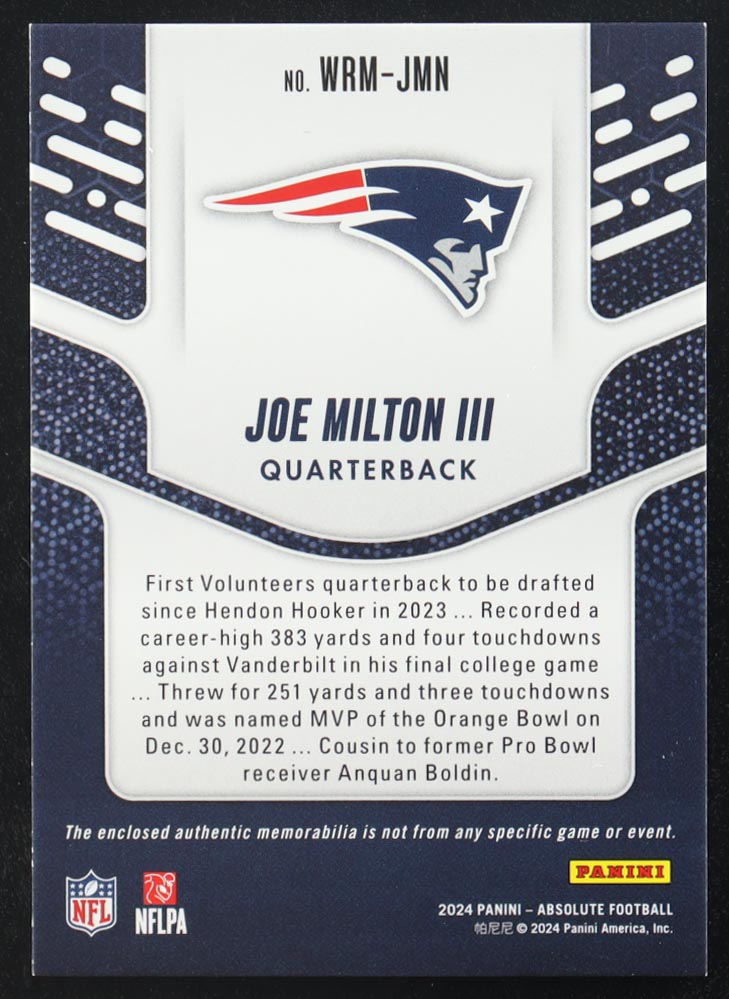 Joe Milton III 2024 Absolute War Room Materials #WRMJMN #10/199 at PristineAuction.com Joe Milton III 2024 Absolute War Room Materials #WRMJMN #10/199 at PristineAuction.com