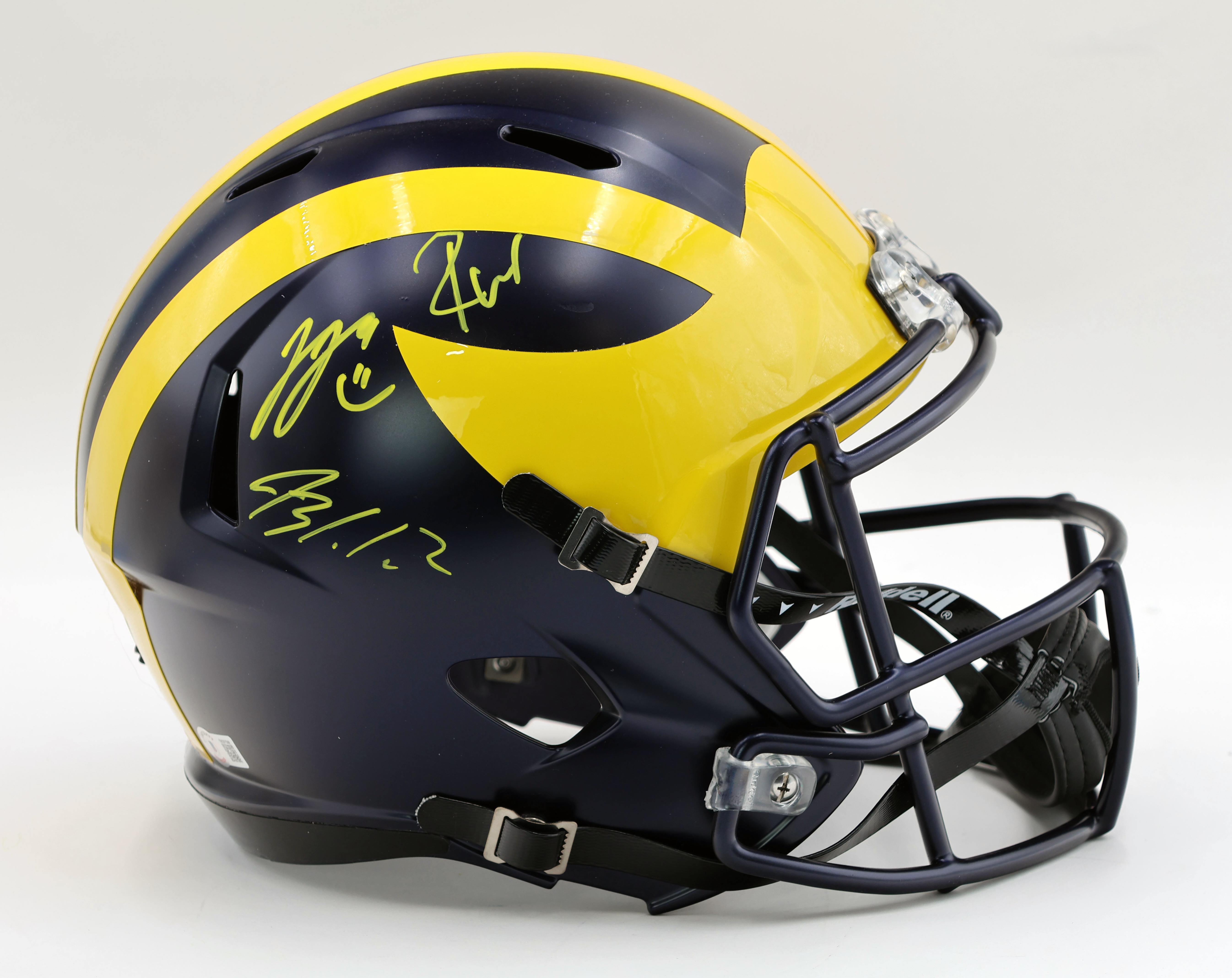 JJ McCarthy, Black Corum & Roman Wilson Signed Michigan Wolverines Full-Size Speed Helmet (Beckett) at PristineAuction.com JJ McCarthy, Black Corum & Roman Wilson Signed Michigan Wolverines Full-Size Speed Helmet (Beckett) at PristineAuction.com