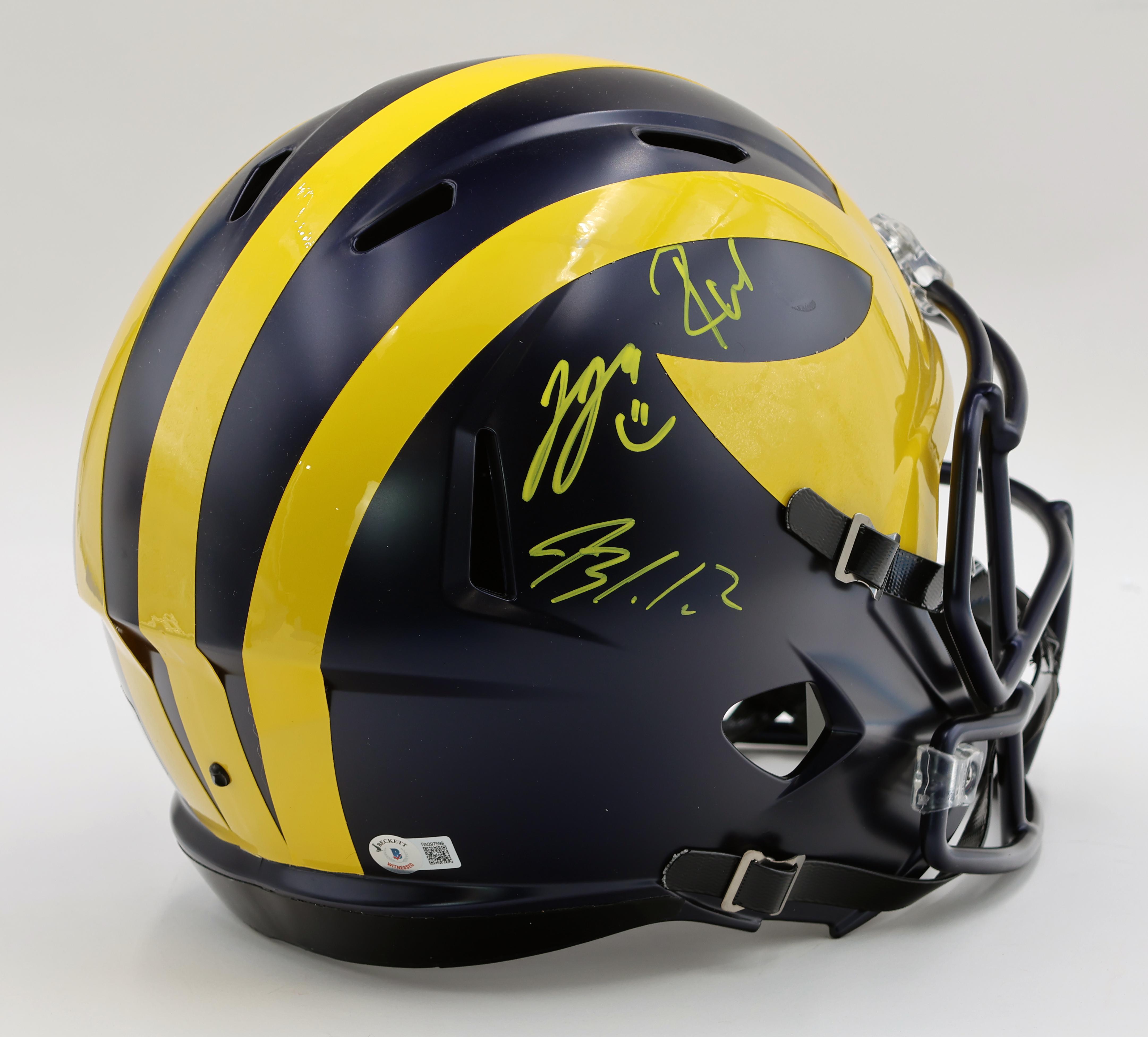 JJ McCarthy, Black Corum & Roman Wilson Signed Michigan Wolverines Full-Size Speed Helmet (Beckett) at PristineAuction.com JJ McCarthy, Black Corum & Roman Wilson Signed Michigan Wolverines Full-Size Speed Helmet (Beckett) at PristineAuction.com
