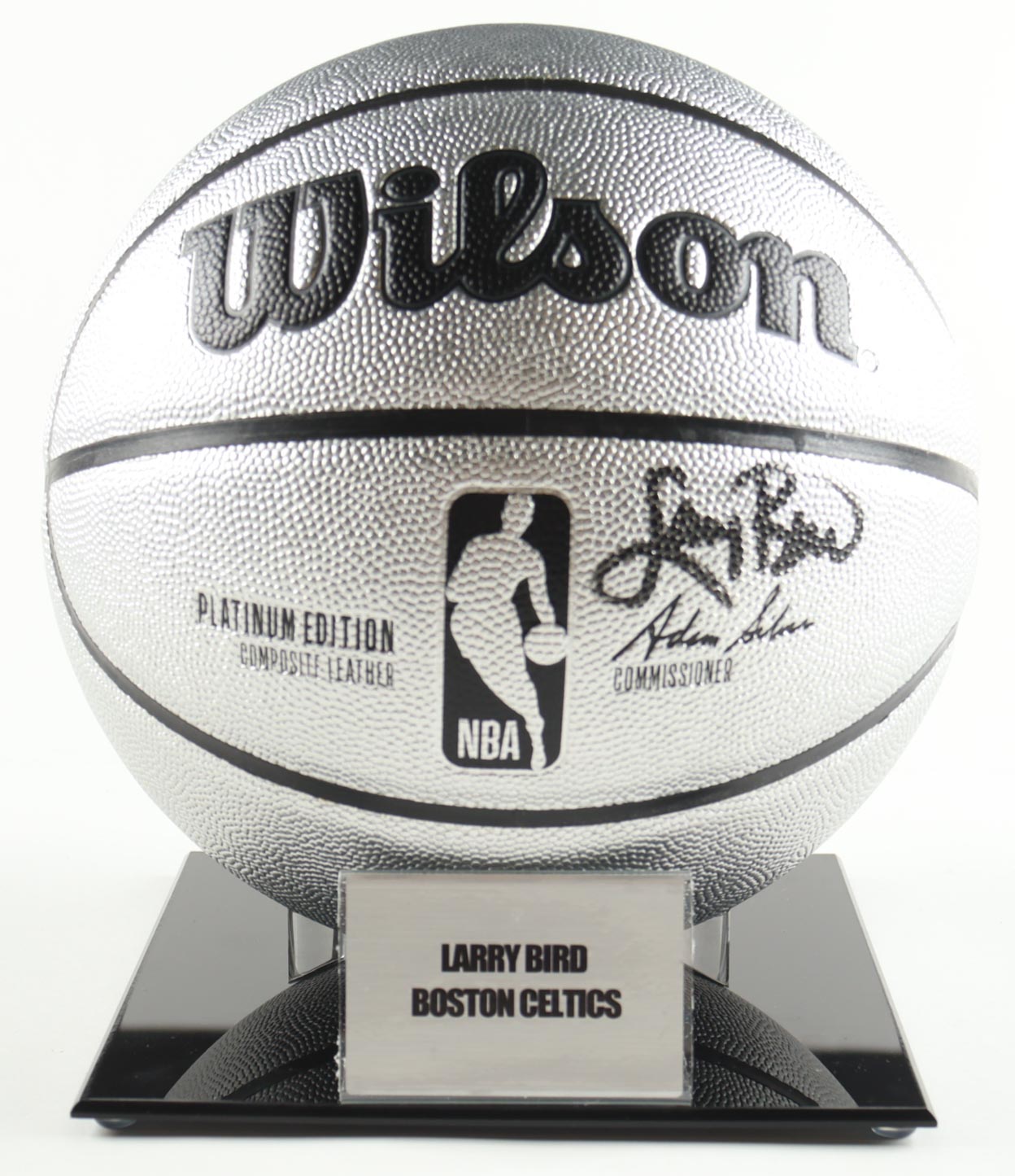 Larry Bird Signed NBA Platinum Edition Basketball with Display Stand & Title Plaque (PSA) at PristineAuction.com Larry Bird Signed NBA Platinum Edition Basketball with Display Stand & Title Plaque (PSA) at PristineAuction.com