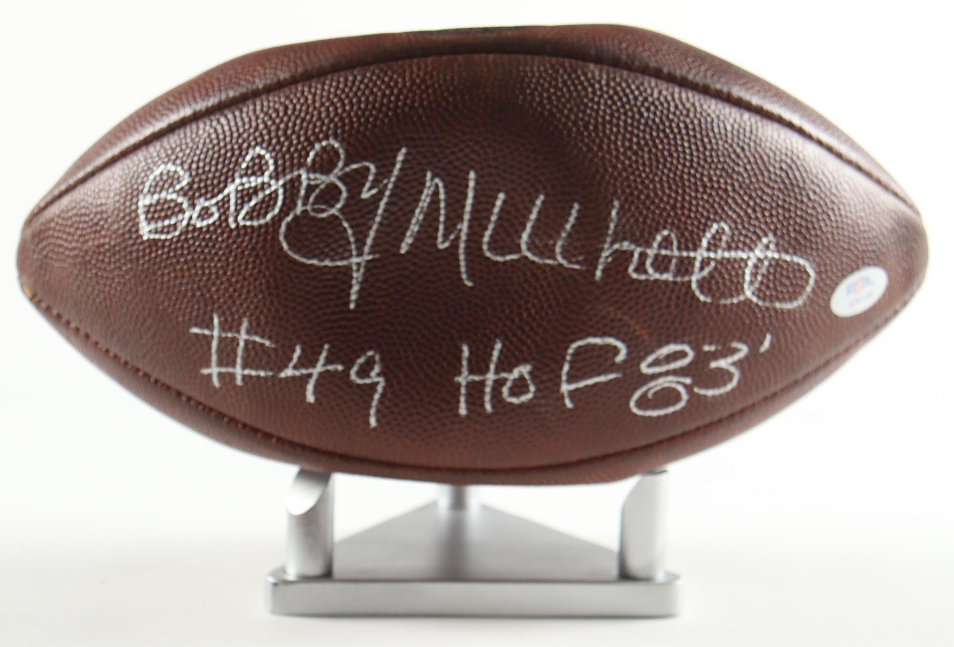 Bobby Mitchell Signed NFL Football with All-Wood Display Stand Inscribed "HOF 83" (PSA) at PristineAuction.com Bobby Mitchell Signed NFL Football with All-Wood Display Stand Inscribed "HOF 83" (PSA) at PristineAuction.com