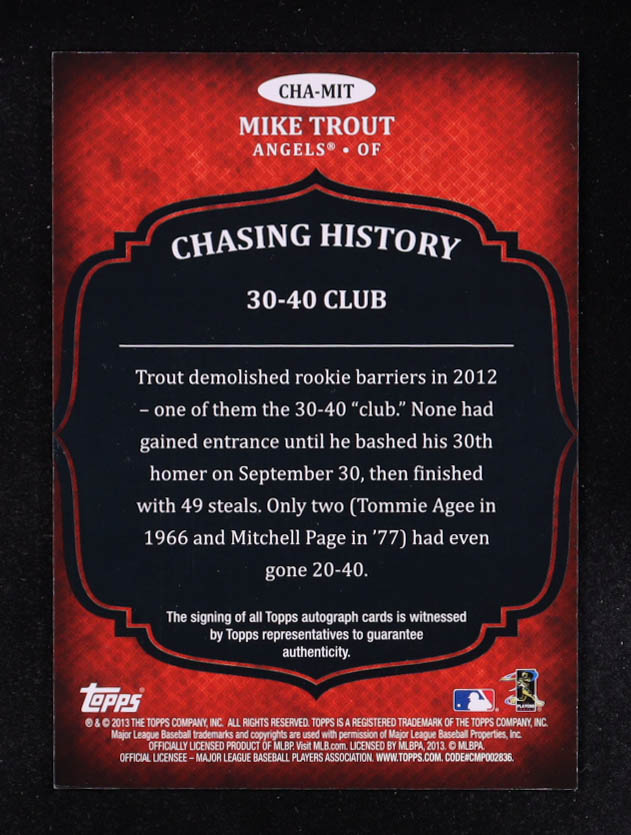 Mike Trout 2013 Topps Chasing History Autographs #MIT at PristineAuction.com Mike Trout 2013 Topps Chasing History Autographs #MIT at PristineAuction.com