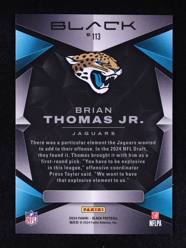 Brian Thomas Jr. 2024 Panini Black #113 RC at PristineAuction.com Brian Thomas Jr. 2024 Panini Black #113 RC at PristineAuction.com